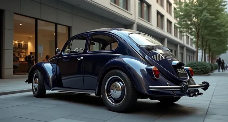 Create a back-side view of a modern Volkswagen Beetle, showcasing its classic rounded shape with sleek, modern enhancements. The cars rear features sharp LED tail lights, a smooth, minimalistic design, and a glossy navy blue finish. The rear bumper is clea...