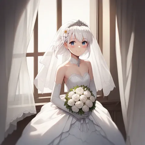 SHIROHA,1girl, solo, white hair,braid hair, gloves, dress, bare shoulders, flower, elbow gloves, window, curtains, veil, bouquet, wedding dress, bride,side_view,very wide shot,hair ornament,(patals floating:0.8),smile,masterpiece,high_resolution,high quali...