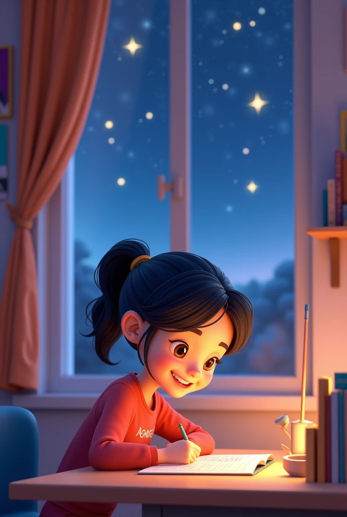 A teenager, dark hair, with a ponytail, is in her room, face down, studying. Right next to it there is a window through which you can observe the starry sky. Pictures with rockets and a small shelf with books are on the wall. Sophia is happy with a wide sm...