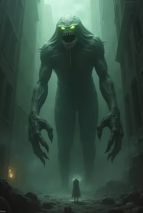 Imagine a creature towering over you, with elongated limbs that twist and writhe like shadows in the dark, skin a mottled grey that seems to absorb all light. Its eyes, an unnatural shade of luminescent green, pierce through the darkness, exuding an unyiel...