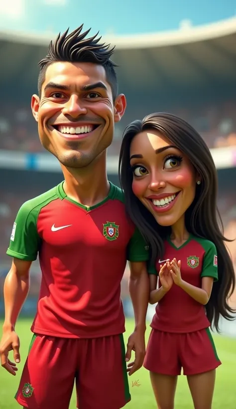 Georigina Redriguez and cristiano Ronaldo husband and wife- A highly detailed, cinematic-style caricature of the famous soccer player, featuring a large head with exaggerated features, a big smile, and vibrant colors. The player wears a Georigina Redriguez...