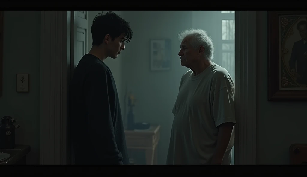 "The young man stands in his dimly lit room, apologizing to the faint, shadowy figure of the elderly man, who watches with a softer expression."