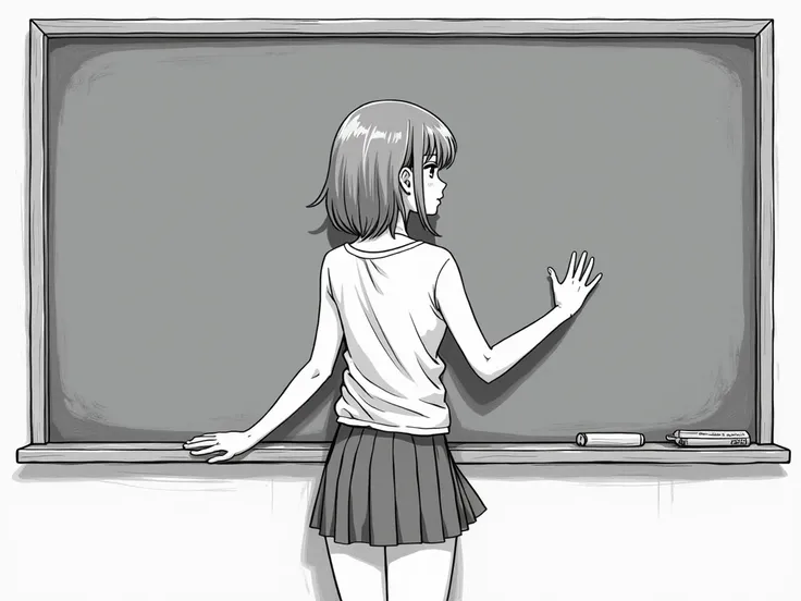  There is a blackboard with nothing written on it . The blackboard is facing the front . 
 There is a female teacher on the outside of the blackboard . The teacher is looking ahead .
 The teachers left hand is down, ,  Her right hand is stretched out and s...