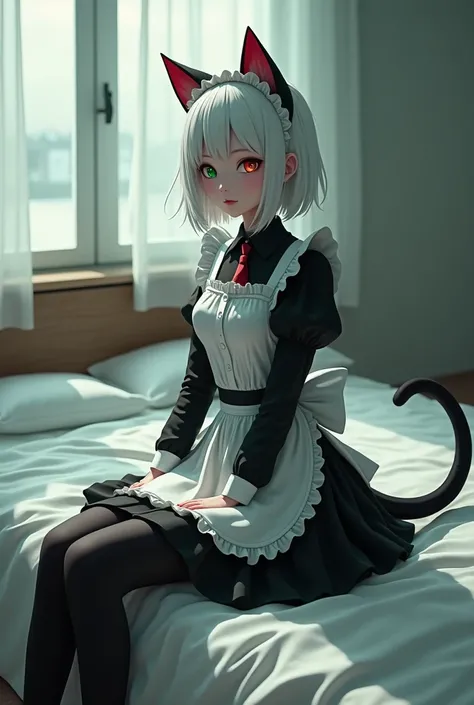 movers, Green eyes, Wearing a black maid outfit, Short hair,  Sweater Dress, White hair, Sit on the bed, Cat ears, Cat&#39;s tail, Red eyes