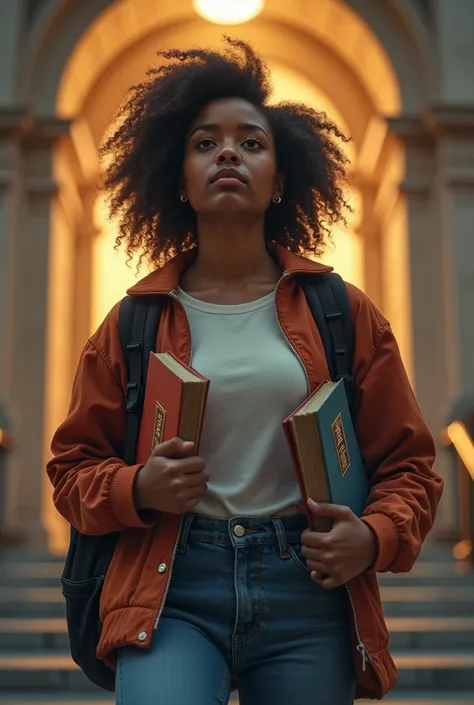 Create an epic realistic image of a black student in high school with books in her hands and a backpack on her back.