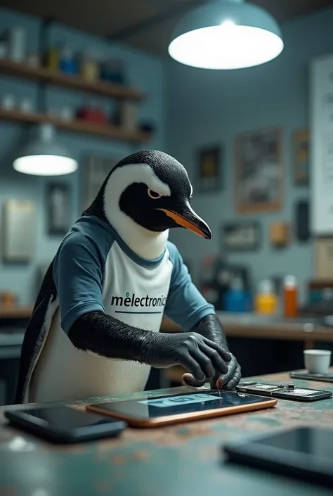 Video of a penguin in a cell phone workshop wearing a t-shirt that says MDelectronics changing a cell phone screen the penguin moving 