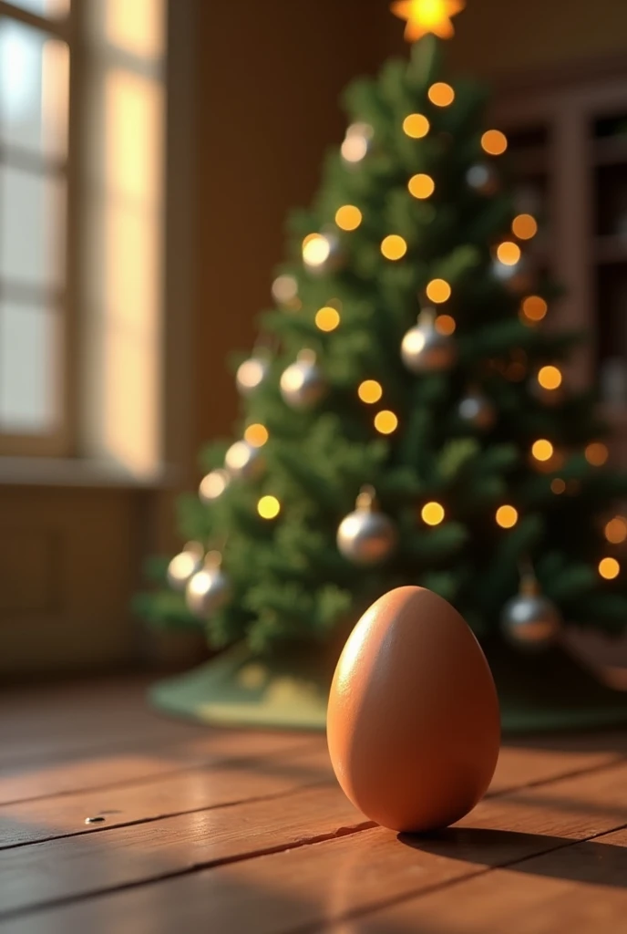 Create an image of a brown egg next to a Christmas tree