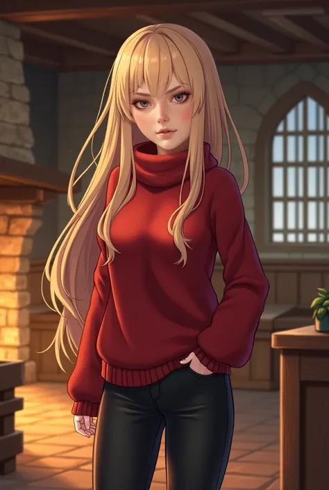 "A petite woman with long, flowing blonde hair worn loose, cascading naturally down her back. She is wearing a cozy red sweater with a soft knit texture and fitted black pants, exuding a casual yet stylish charm. She is standing in a cozy medieval-style ho...