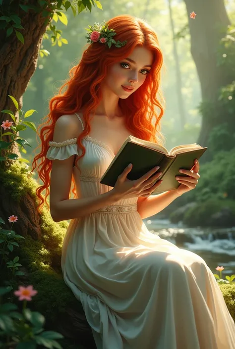  Beautiful girl with long red hair, She is a princess who is reading a book and drinking coffee in the woods