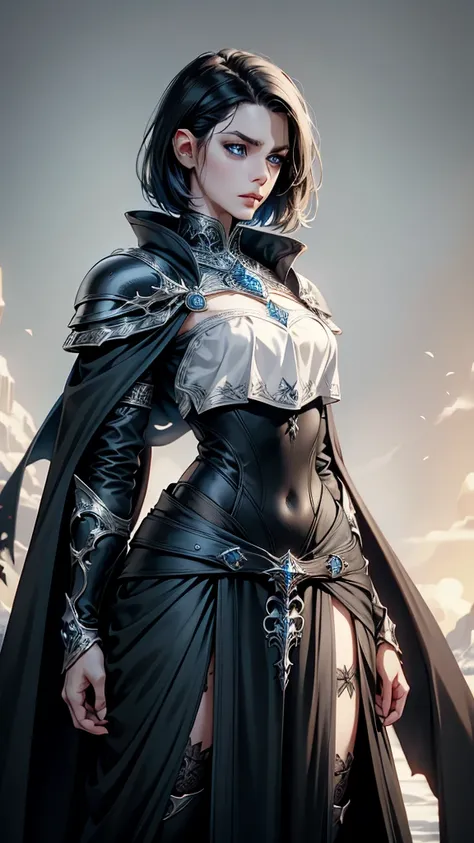 Middle Ages, white background, calm,  is extremely detailed, short black hair , wearing  is extremely detailed Gothic armor,  blue eyes ,  hair covers 8k in an impressive pose;