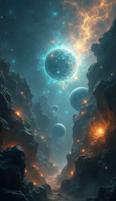 A vast cosmic expanse with countless glowing orbs, each representing a universe, floating in an infinite void, connected by shimmering threads of energy.