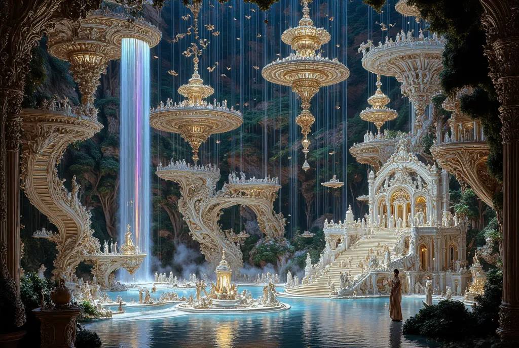 Corner of a magnificent ancient South Indian crystal palace, a magical and otherworldly scene unfolds. constructed entirely of shimmering glass and crystal, with intricate carvings inspired by traditional North and South Indian architecture. Multiple spira...