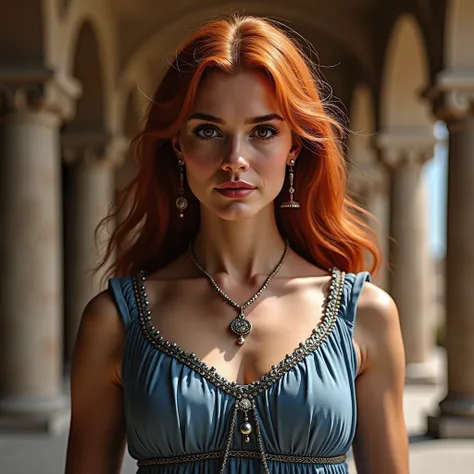 Create an ultra-realistic image of this Israeli woman. She Has Red Hair, wavy, brown eyes and a modest blue antique dress.