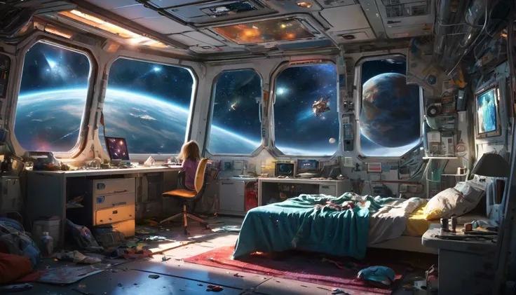  The bedroom of a messy teenager in a space station .  The girl is absent . Gritty fiction .  A huge rectangular window clear to the galaxy with bright stars and a large Earth-like planet in the background.  Some clothes are scattered on the floor .  Photo...