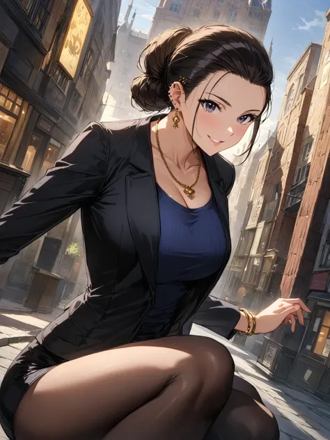 (masterpiece:1.3), best quality, very aesthetic, absurdres, cinematic lighting, perfect anatomy, 1 girl, an adult women, 

standard height, black hair, well-groomed hair, (chignon, slicked back hair), black eyes:1.2, captivating thighs, busty, gold chain n...