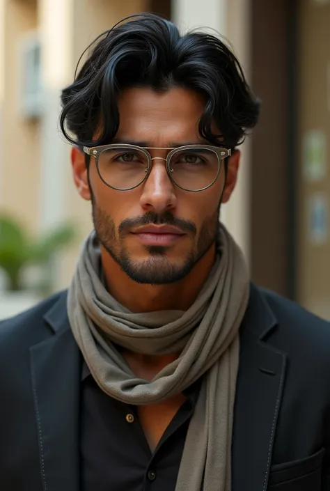 elegant man, strong muscualr brazilian man, intellectual,   black bright quality hair, formal clothing and scarf around the neck, casual style, glasses with light gray frame,  looking at a penetrating ,   a medium-length mens haircut , side fringe and natu...