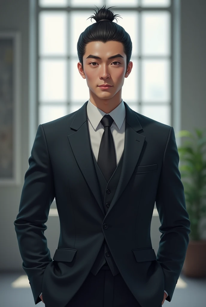 A realistic and detailed image of a Japanese man wearing a sharp, well-fitted suit with a clean and polished appearance. His hair is styled in a traditional chonmage (Ding), neatly tied at the top of his head, adding a cultural touch to his otherwise moder...