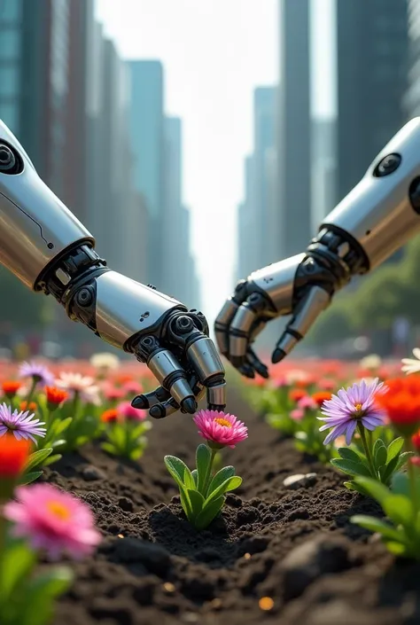 A robot’s hands are planting flowers in the alleys, the city of futuristic harmony!