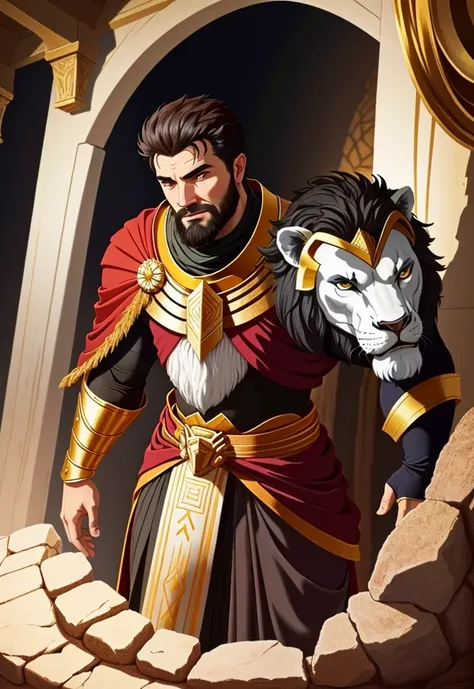  Ultra realistic, King Darius from Alto looking at Daniel at the bottom of the lions den 