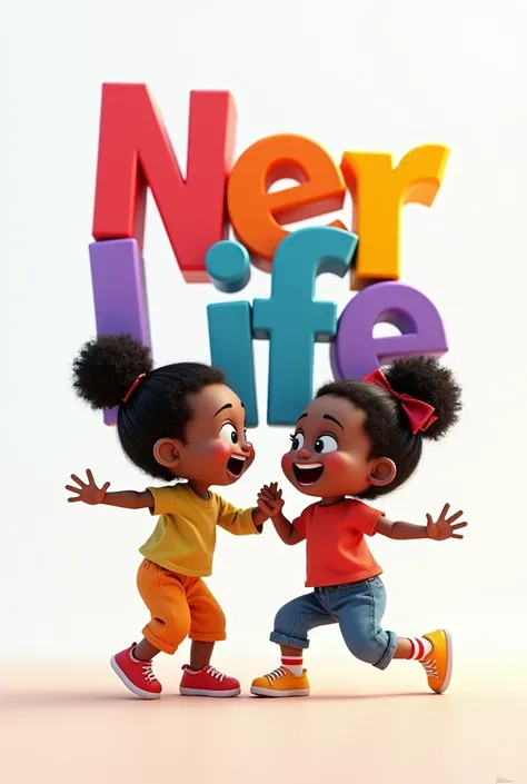 Create a colored 3d letters with Black boy and Girl in the style of Disney Pixar playing in a white background