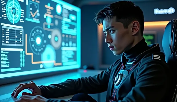 " Arion sits in a futuristic ergonomic chair in the control room ,  his body is slightly bent ,  reflects emotional exhaustion .  He is a young man with hair short black ,  his face displays fine lines of fatigue and tension .  His futuristic, strict unifo...