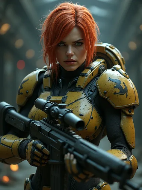 Ultra realistic human version of Sarah Kerrigan of StarCraft facing forward and carrying her sniper rifle