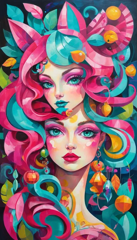 Create a cubism and rococo radiactive art whimsical that has something to do with fuchsia and turquoise September 