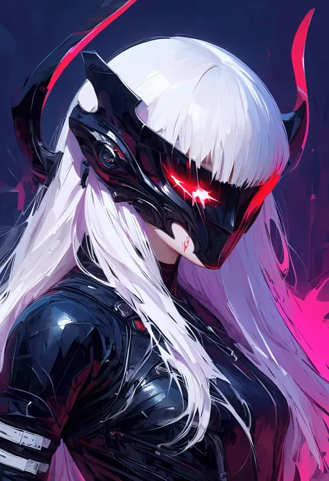 masterpiece，  Quality Best ， 8K， number，  1 girl at home，  unique ， Stand up， youth， White hair， long White hair， Hair accessories，  red eyes ， round pupils， No Expression， Bloodstained mechanical parts， electric wire， cable， Failure Effect， Terrible，  Sci...