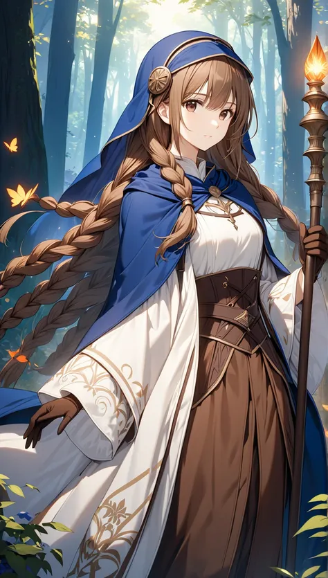 A stunning HD (High Definition) illustration of a brown-haired mage anime girl with long hair, with a braid on one side. She has brown eyes and wears a blue mages veil on her head. She is dressed in a long-sleeve white medieval-style shirt, brown pants, an...