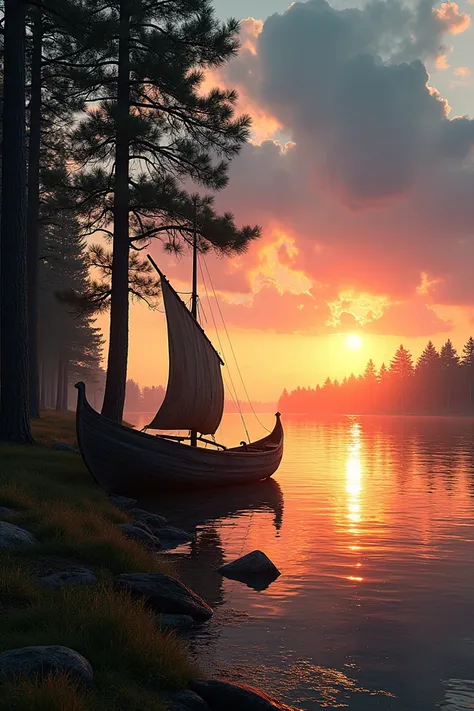 A Viking riverbank at dusk, thick pine trees lining the edge of the water, a small Viking boat moored to the shore, the river reflecting the orange and purple hues of the setting sun, gentle ripples on the waters surface, cinematic shot with focus on the h...