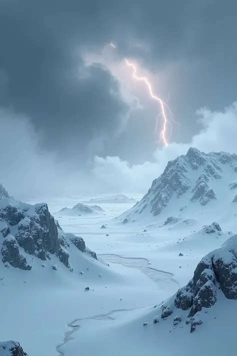 A Viking tundra under a harsh winter storm, swirling snow and fierce winds, the landscape covered in white as far as the eye can see, sparse rocky outcrops breaking through the snow, dark, stormy clouds above with flashes of lightning in the distance, wide...