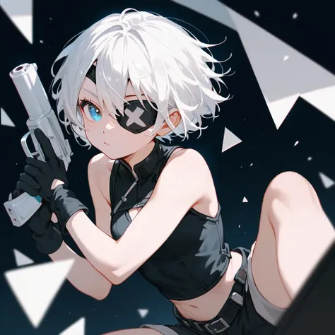  ,White hair, short hair, bob , eyes patch, in blue eyes, Medium Chest,Dark circles under the eyes,cute,Wearing black gloves ,Black sleeveless shirt, shorts,Holding a gun