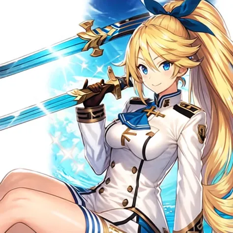 1girl, solo, military uniform, blonde hair, blue eyes, ponytail, hair ribbon, blue ribbon, white clothes, smile, knight、cross sword, 