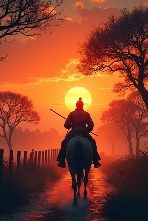 Layered Printmaking，Colorful Lights and Shadows，浪漫antiquity。antiquity， Surreal Dreams ，Back silhouette ，Big Vision， Strong Visual Impact ，autumn，Sunset， Desolate, Empty Fields ， Winding Ancient Road ， Back View of a martial arts hero riding a horse，Facing ...