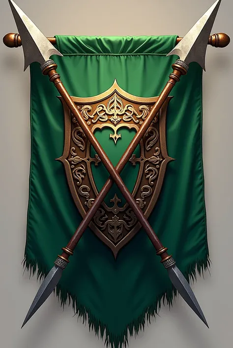 Create a medieval civilization logo with Two Spears Crossing with a Shield in the Background on a Green Pennant 