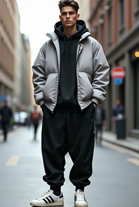 A man wearing a black hoodie and the light grey sleeveless puffed jacket with black baggy pant and Adidas samba 
