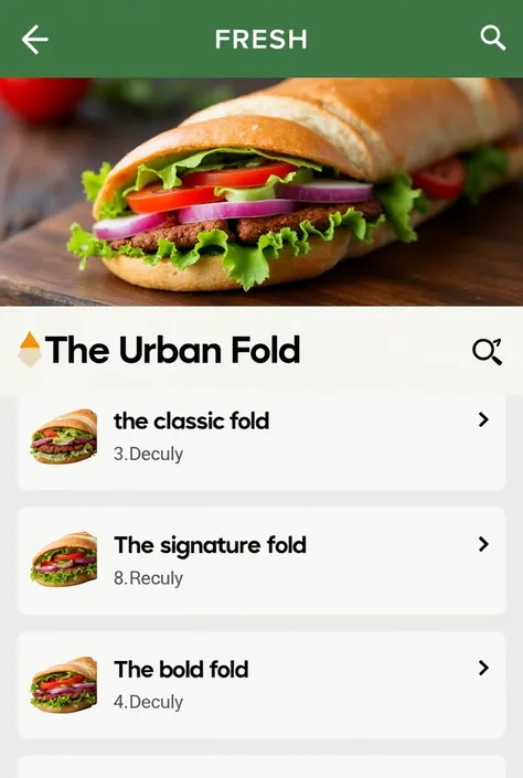 Online ordering website screenshot of a fresh healthy Sub-sandwich with "The Urban Fold" written as the only label and other options to choose from like - "the classic fold" , "The signature fold", "The bold fold"