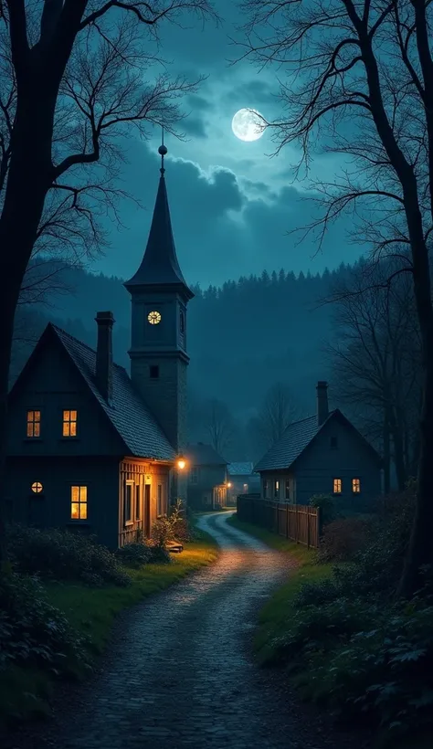  A small town at night ,  surrounded by dense, dark forests ,  with a calm and mysterious atmosphere . The wind blows lightly,  moving leaves from the trees and creating shadows that dance in the moonlight.