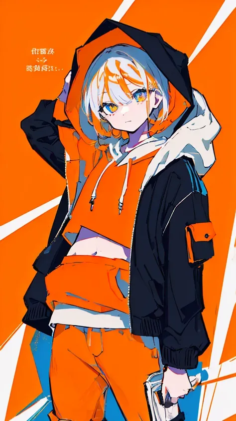 (masterpiece,  best quality:1.6), Alone, Thick outline, (pastel,  simple background, Bright Orange Background, Monochrome, Light orange theme :1.2),  Official Art,  key visual , 8k,   disorganized , whole body, (Unique Hair,  oversized hoodie,  hotpants, A...