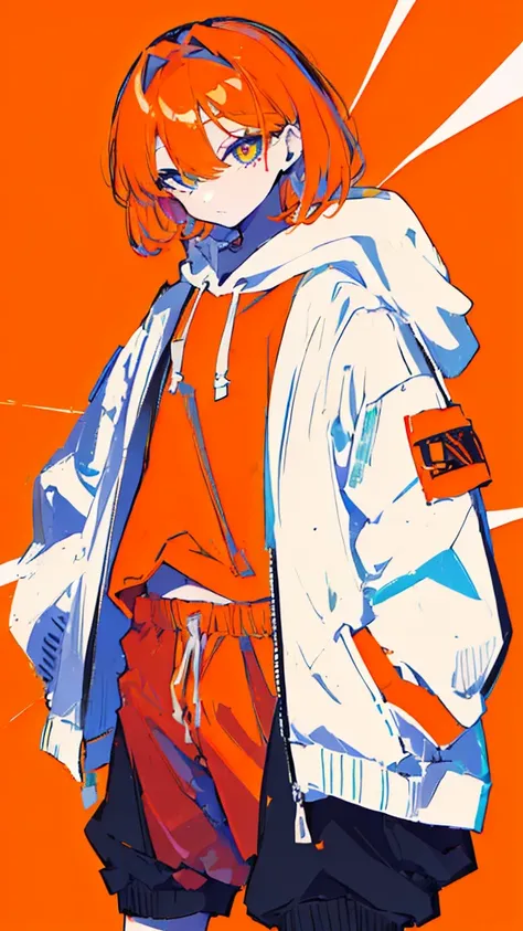 (masterpiece,  best quality:1.6), Alone, Thick outline, (pastel,  simple background, Bright Orange Background, Monochrome, Light orange theme :1.2),  Official Art,  key visual , 8k,   disorganized , whole body, (Unique Hair,  oversized hoodie,  hotpants, A...