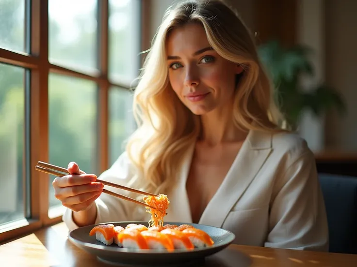 "A stunning portrait of an elegant woman with flowing blonde hair and blue eyes, sitting by a bright window, enjoying a beautifully plated sushi meal. She holds chopsticks delicately, about to pick up a vibrant piece of sushi, while a serene ambiance fills...