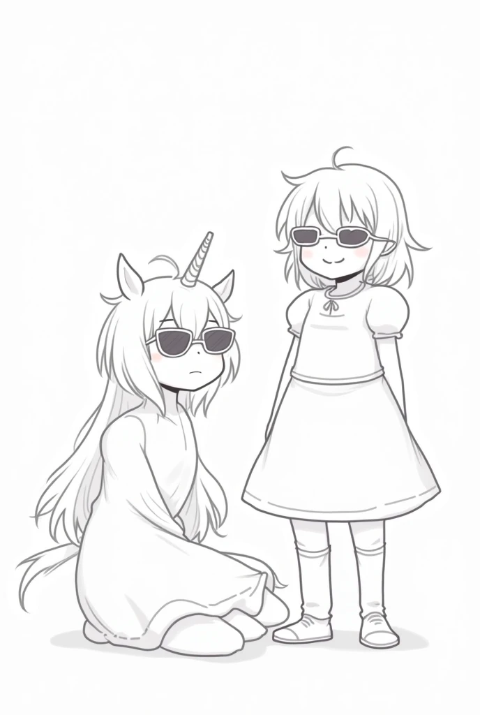 Dessin type manga esquissé en noir et blanc avec dégradé dune licorne fille assise avec des lunettes de soleil et dune petite princesse très souriante debout avec des lunettes de soleil