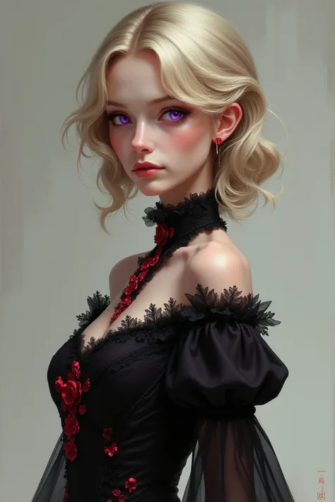 Una mujer blonde delgada, blonde, with violet eyes and a black dress with crimson ornaments