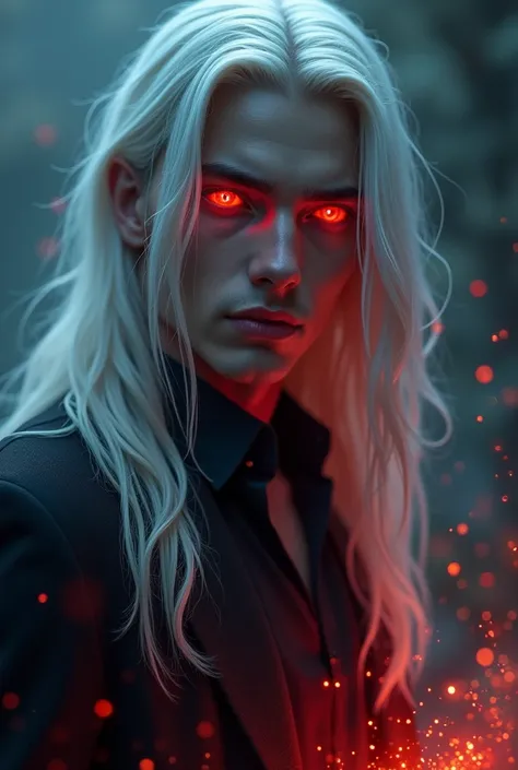 young, man, 20 years, Beautiful and dark . Long straight white hair . with glowing red eyes. supernatural aura