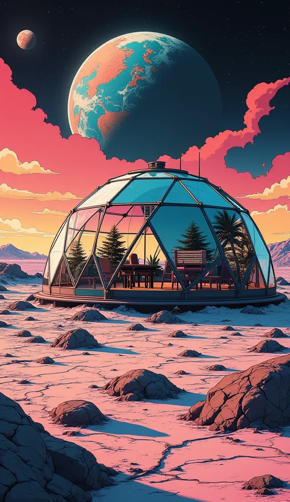 a spherical glass dome on the moon drawn in the style of synthwave. glass dome has triangular glass panels that forms the hemisp...