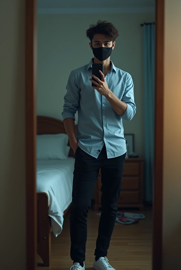 The image shows a young man standing in front of a mirror in a room. He is wearing a light blue button-down shirt, black pants, and white sneakers. He has a black face mask covering his mouth and nose. The room appears to be a bedroom with a bed and a dres...