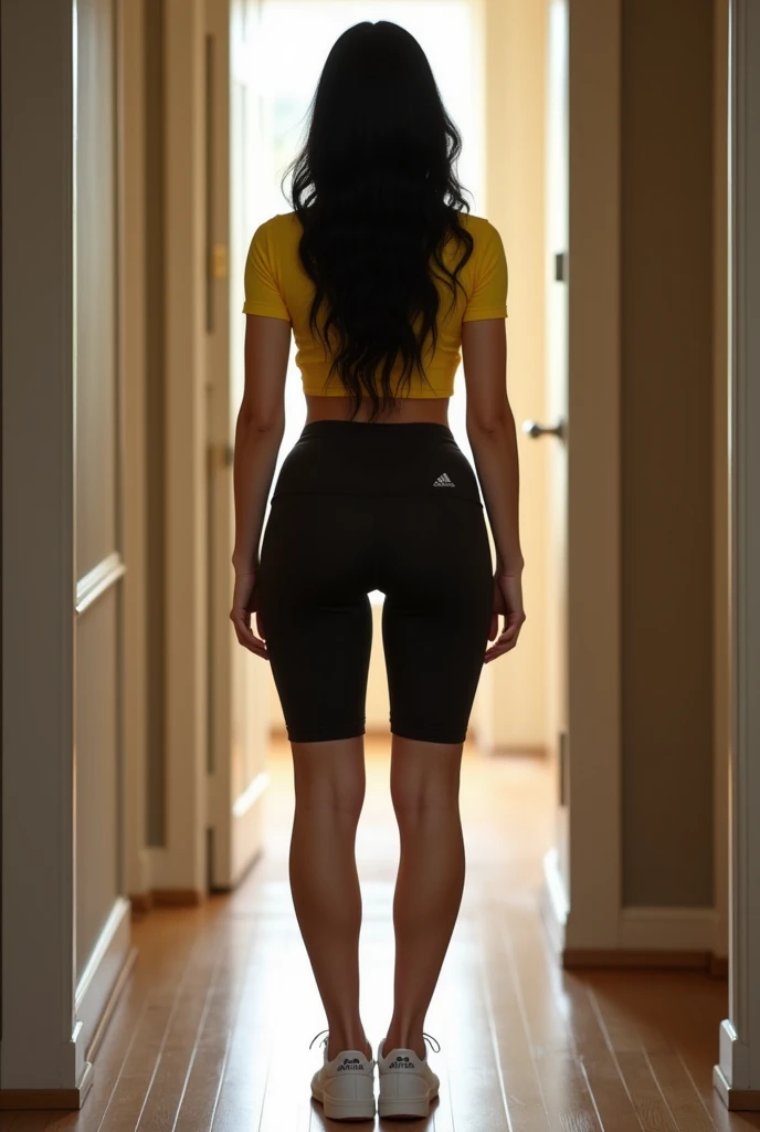 ((((Mary Alto)))), 22 years old, a sexy-curvy woman, long black hair, Stands in the hallway with her back to the viewer, in the background you can see the front door, you can see her perfect sexy bottom, wearing a tight yellow top, short sleeves, with a wi...