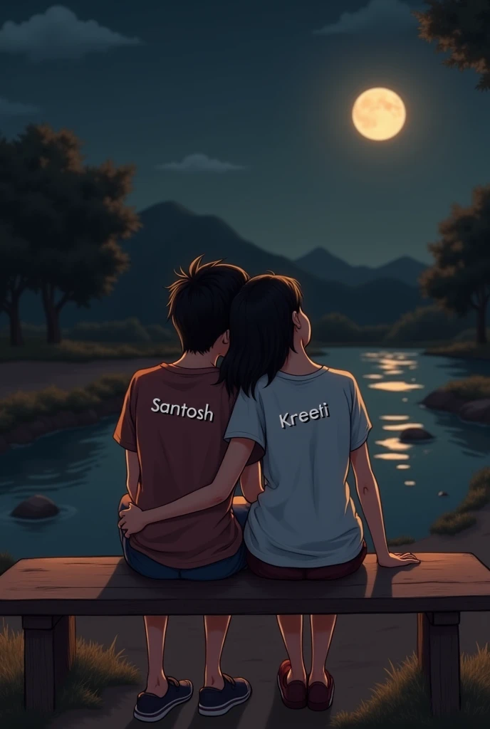 Made photo where small river in side moon also seen, night time one couple sitting in the bench where girl put her head on shoulder of boy.browny environment.
Name on them, Santosh on boy t-shirt and kreeti on girl t-shirt.
