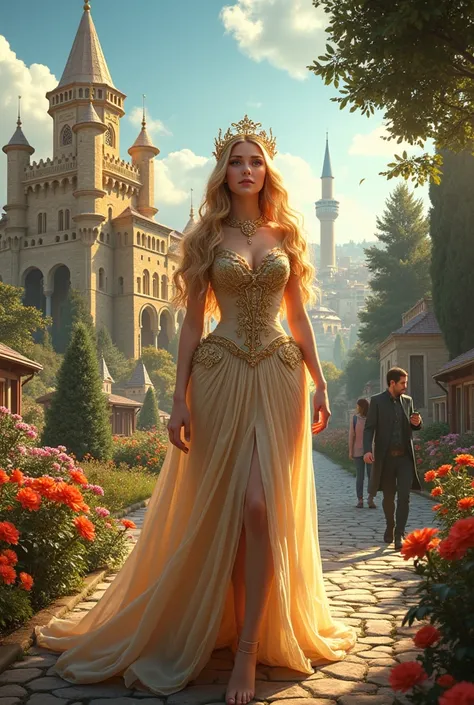  make the cover of my book a princess in Turkey ,  make an image with a contrast between two worlds,  Sardonica a magical world medieval era ,  make a beautiful blonde princess ,with a Magic Ring ,  in the background a giant golden castle and flowers ,  ri...