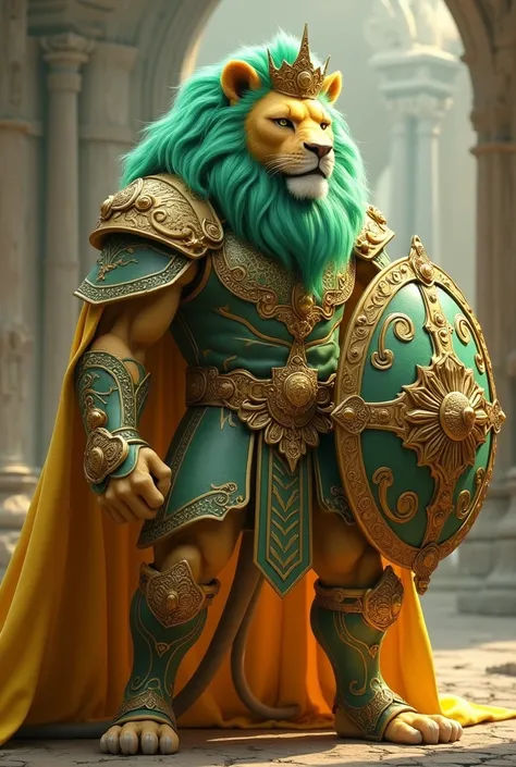  yellow lion king , with green mane , light green and gold armor and shield, yellow cape.